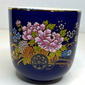 Vtg Kutani Japanese Cobalt Blue Porcelain Floral Teacup Gold Trim Rice Sake